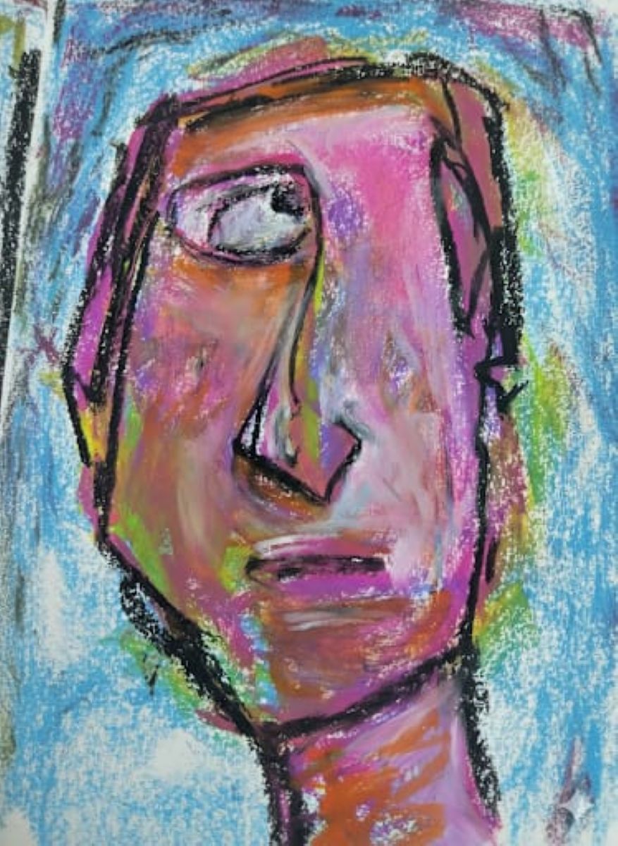 Quick sketch in oil pastels of a quirky face